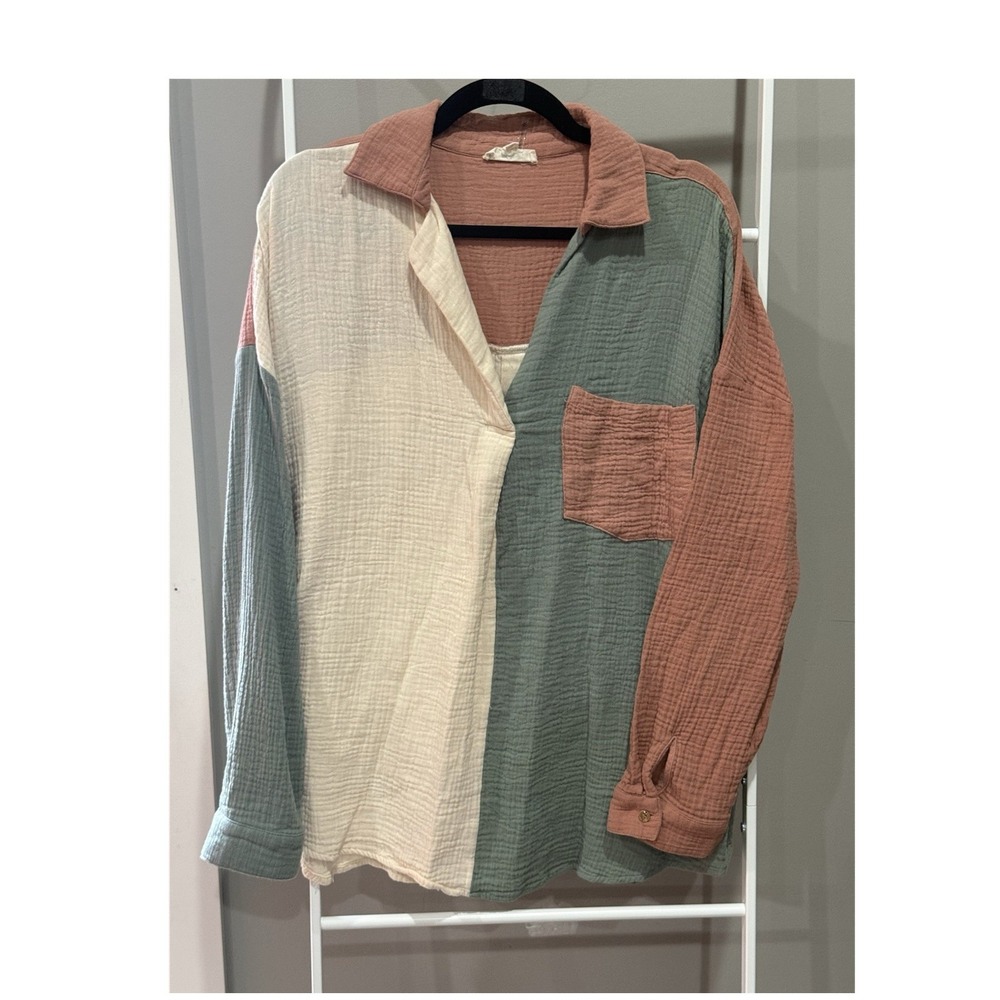 Entro Colorblock Button-Up Collared 100% Cotton Top Rust Green Cream XL BohoChic